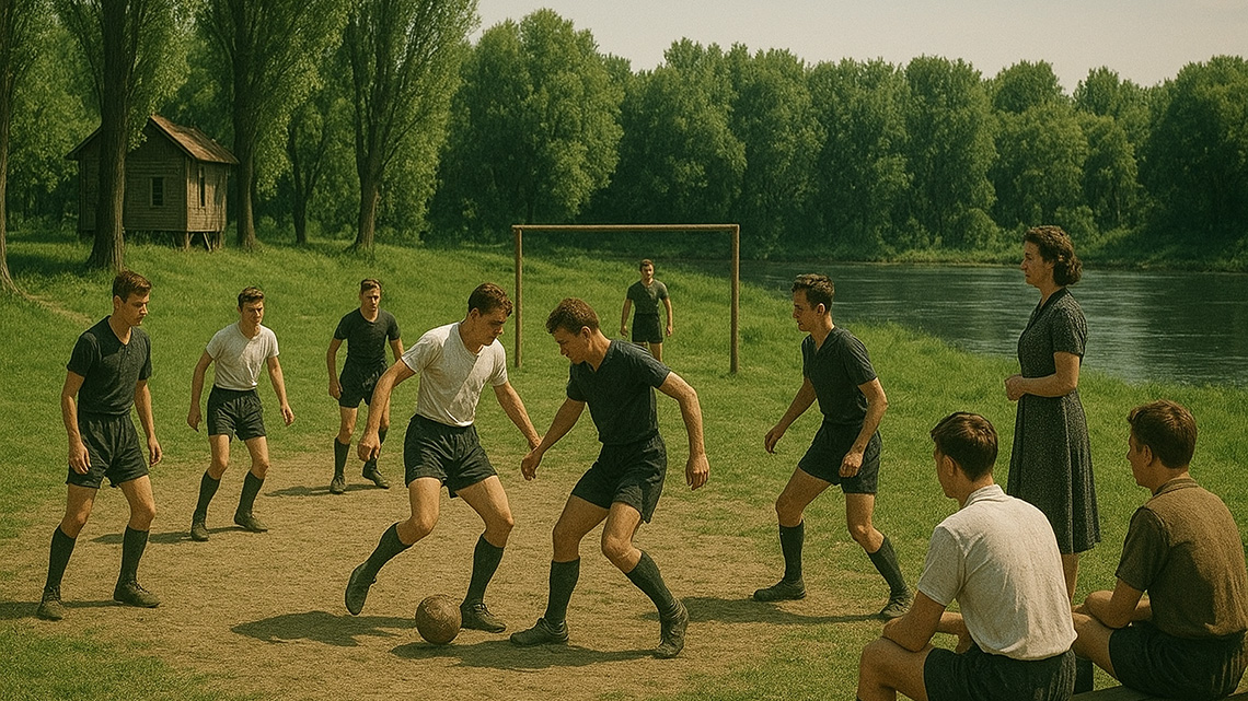Sports activities at Gradište in Novi Bečej during the occupation, with a football field and the Tisa River in the background
