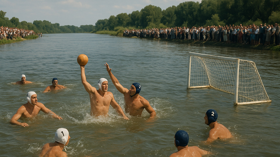 Swimming and water polo competition on the Tisa River in Novi Bečej in 1943, during the occupation — depiction of the Great Swimming Day.