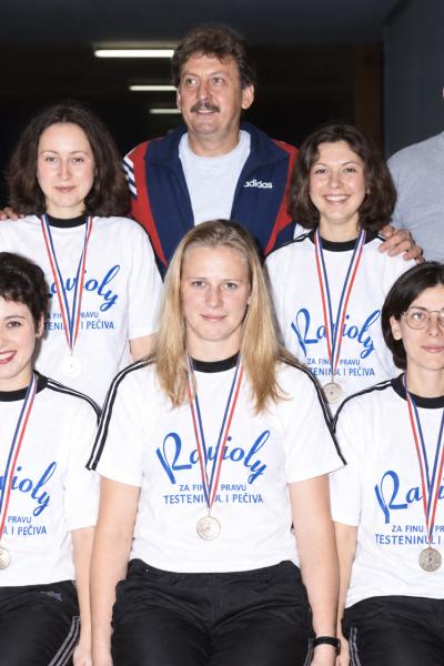 Šampionke SRJ (2001) – Đenđi Kirti (trener), Ivana Eremić, Šandor Ereš (predsednik), Adriana Mesaroš, Bogomir Momirov (trener), dole: Ildiko Kormanjoš, Andrea Vaš, Tijana Svilengaćin